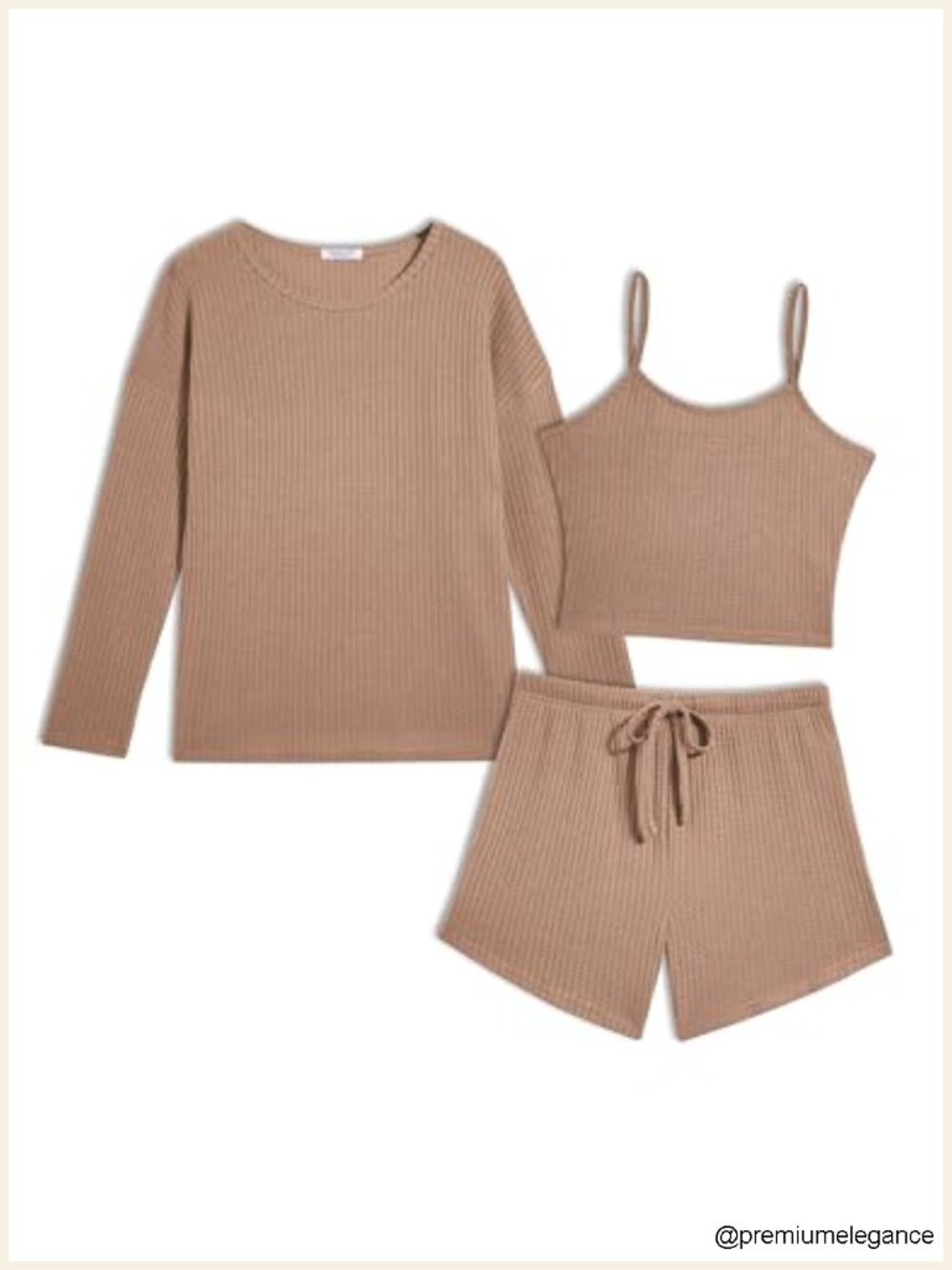 Womens Waffle Knit Lounge Set 3pc Long Sleeve Crop Top & Drawstring Shorts